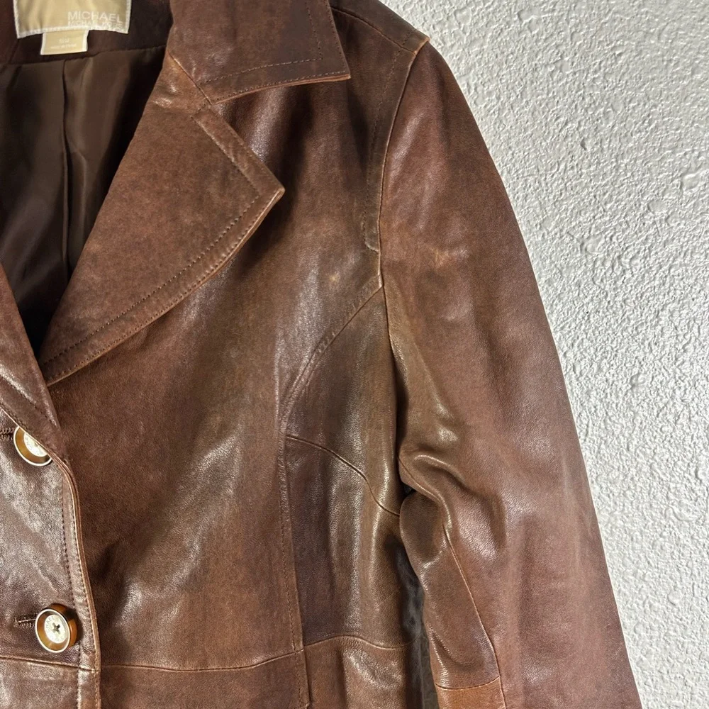 Michael Kors Brown Distressed Leather Long Western Style Button Jacket Size M